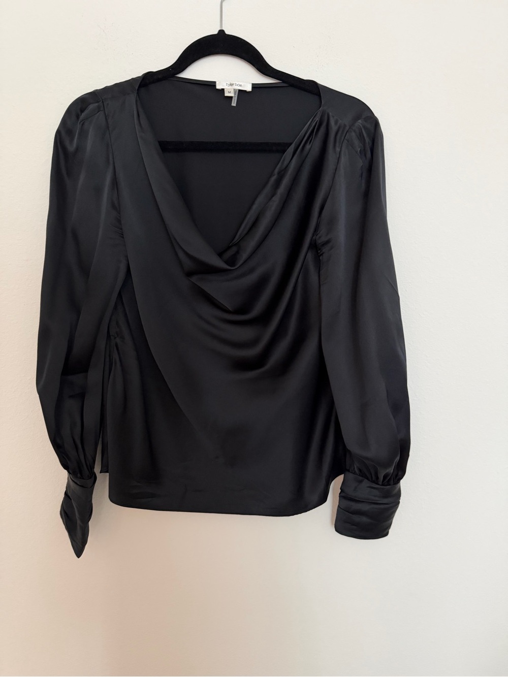 Tyler Boe Black Satin Cowl-Neck Long Sleeve Blouse